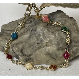 80s Marsala Frosted Enamel Link Bracelet Multicolor Glass Gold Tone Beads